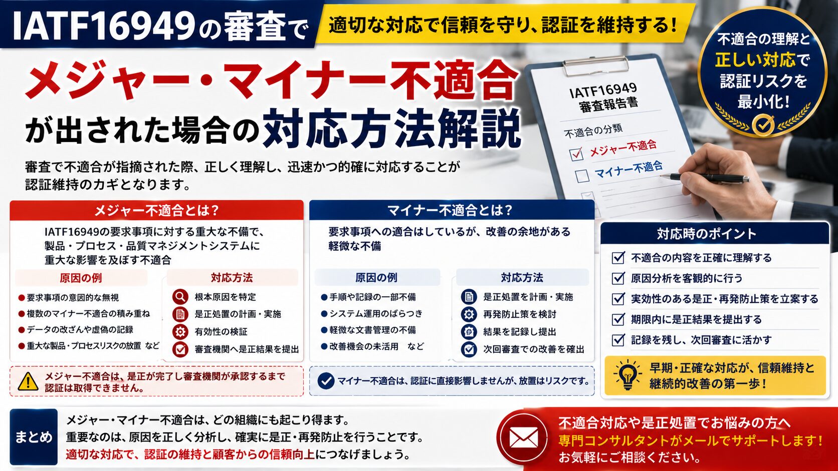 IATF16949の審査でメジャー・マイナー不適合が出された場合の対応方法解説