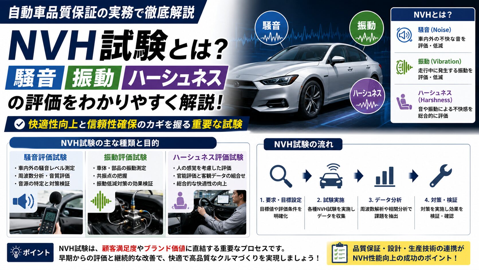 NVH試験とは？騒音・振動・ハーシュネスの評価を自動車品質保証の実務で徹底解説