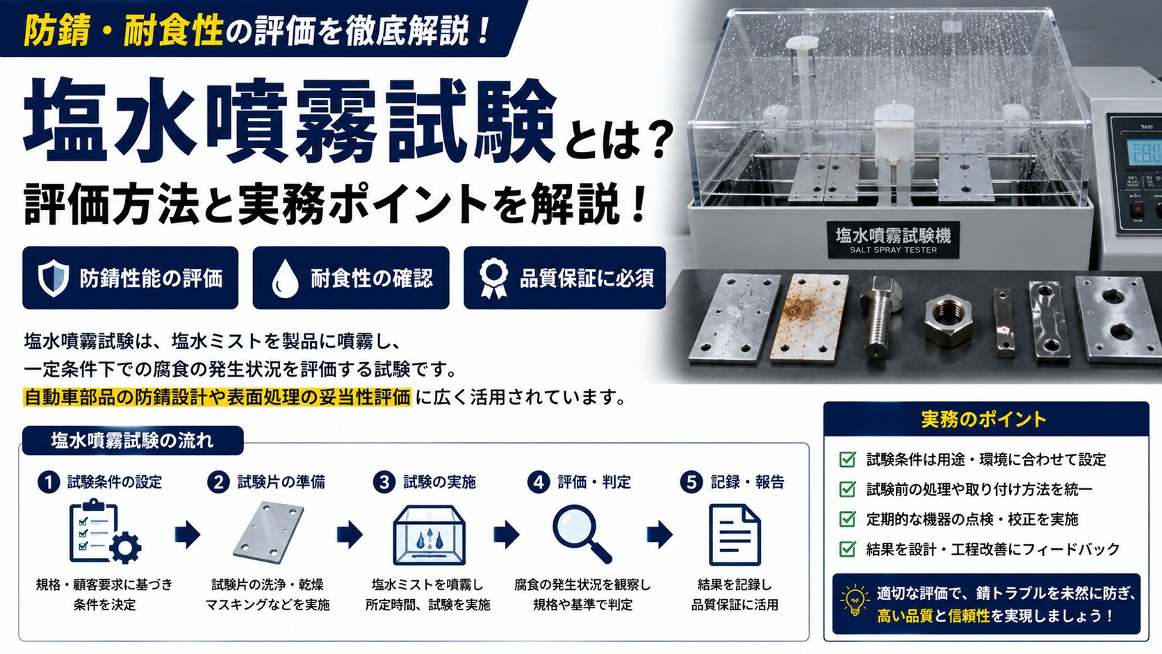 塩水噴霧試験とは？防錆・耐食性の評価方法を自動車品質保証の実務で徹底解説