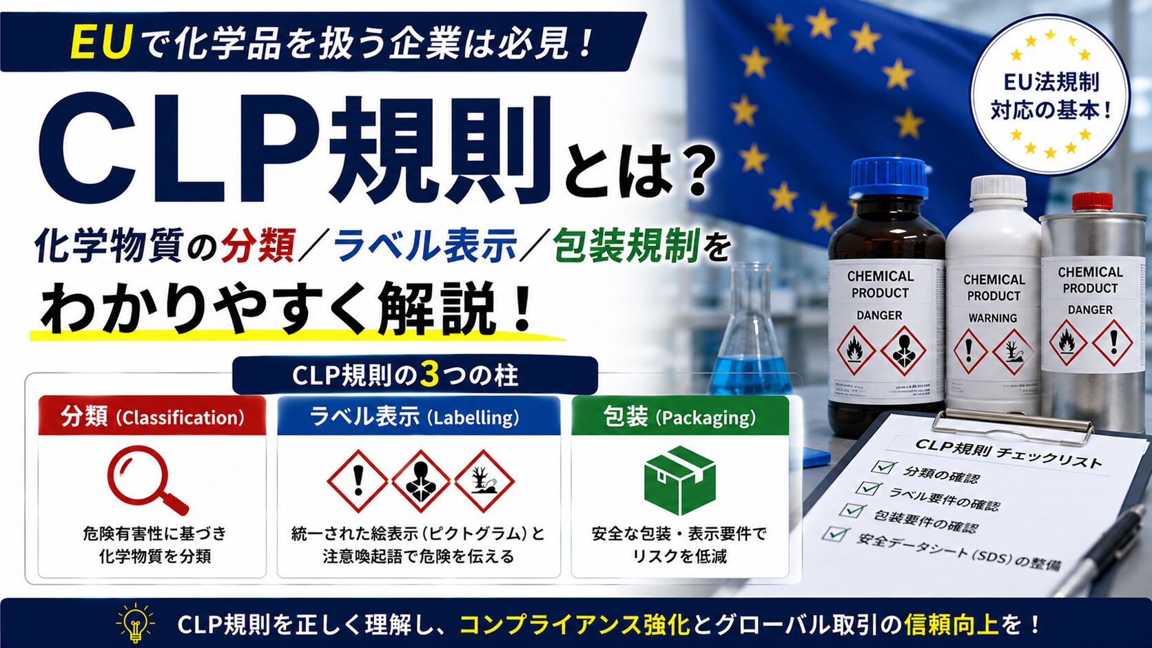 CLP規則とは？EUの化学物質分類/ラベル表示/包装規制解説