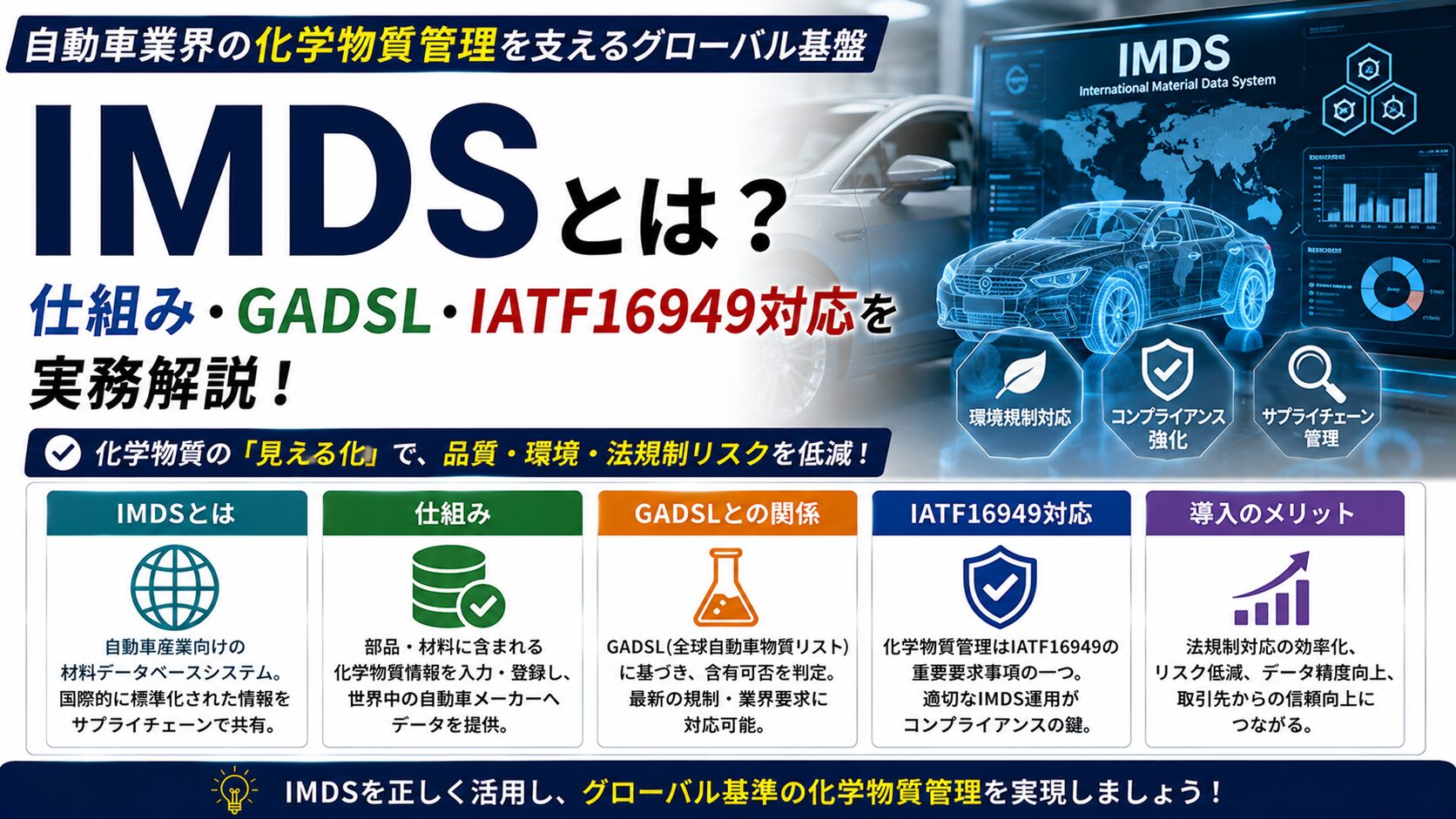 IMDSとは？自動車業界の含有化学物質管理を支える材料データシステム｜仕組み・GADSL・IATF16949対応を実務解説