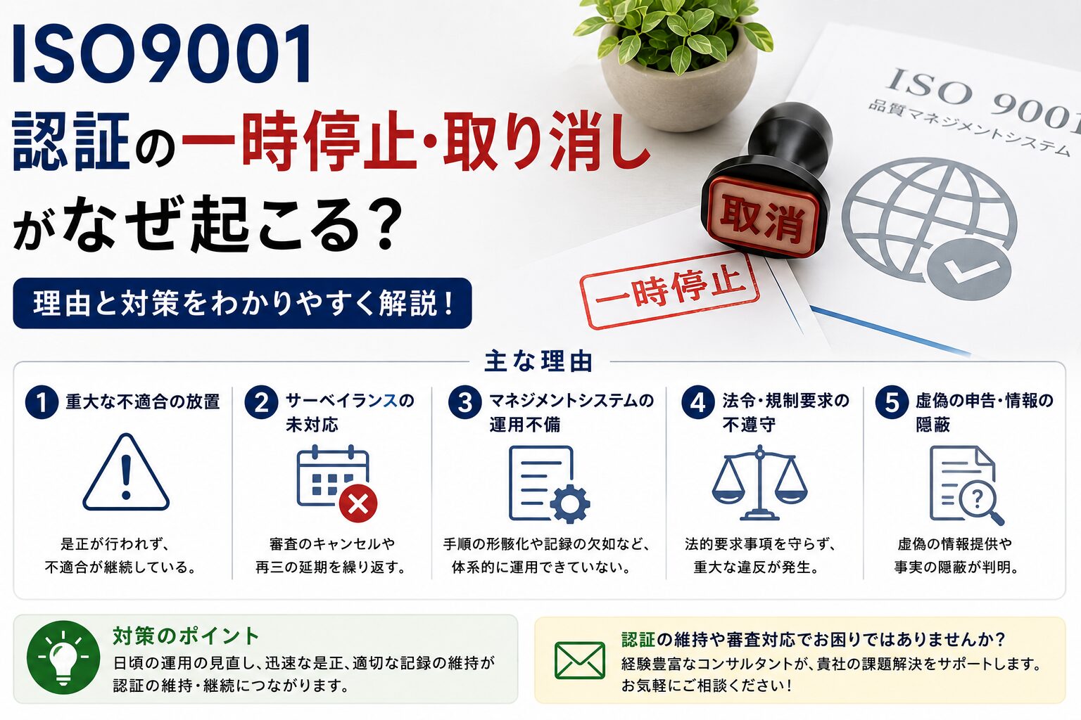 ISO9001認証一時停止・取り消しがなぜ起こる？理由・対策解説
