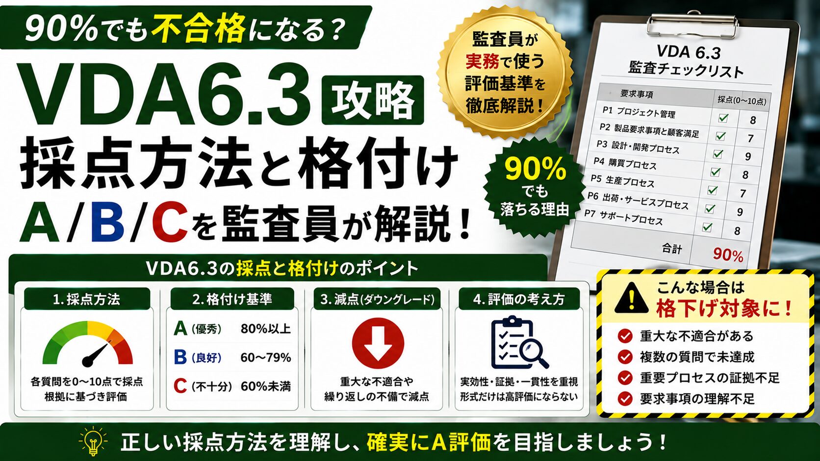 【VDA6.3攻略】採点方法と格付けA/B/Cを監査員が解説｜90%でも落ちる理由