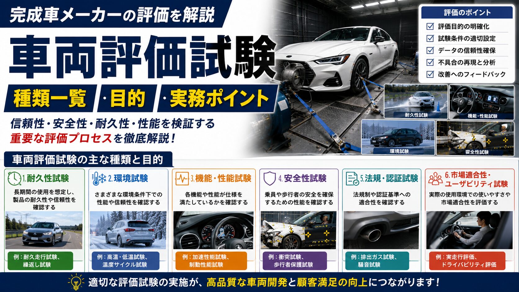 車両評価試験【種類一覧・目的・実務ポイント】完成車メーカーの評価を解説